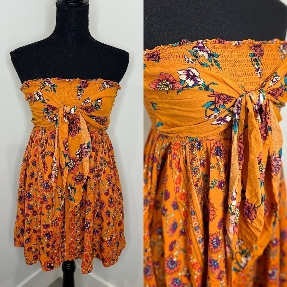 Zaful Orange Floral Midi Strapless Dress (sz 4)